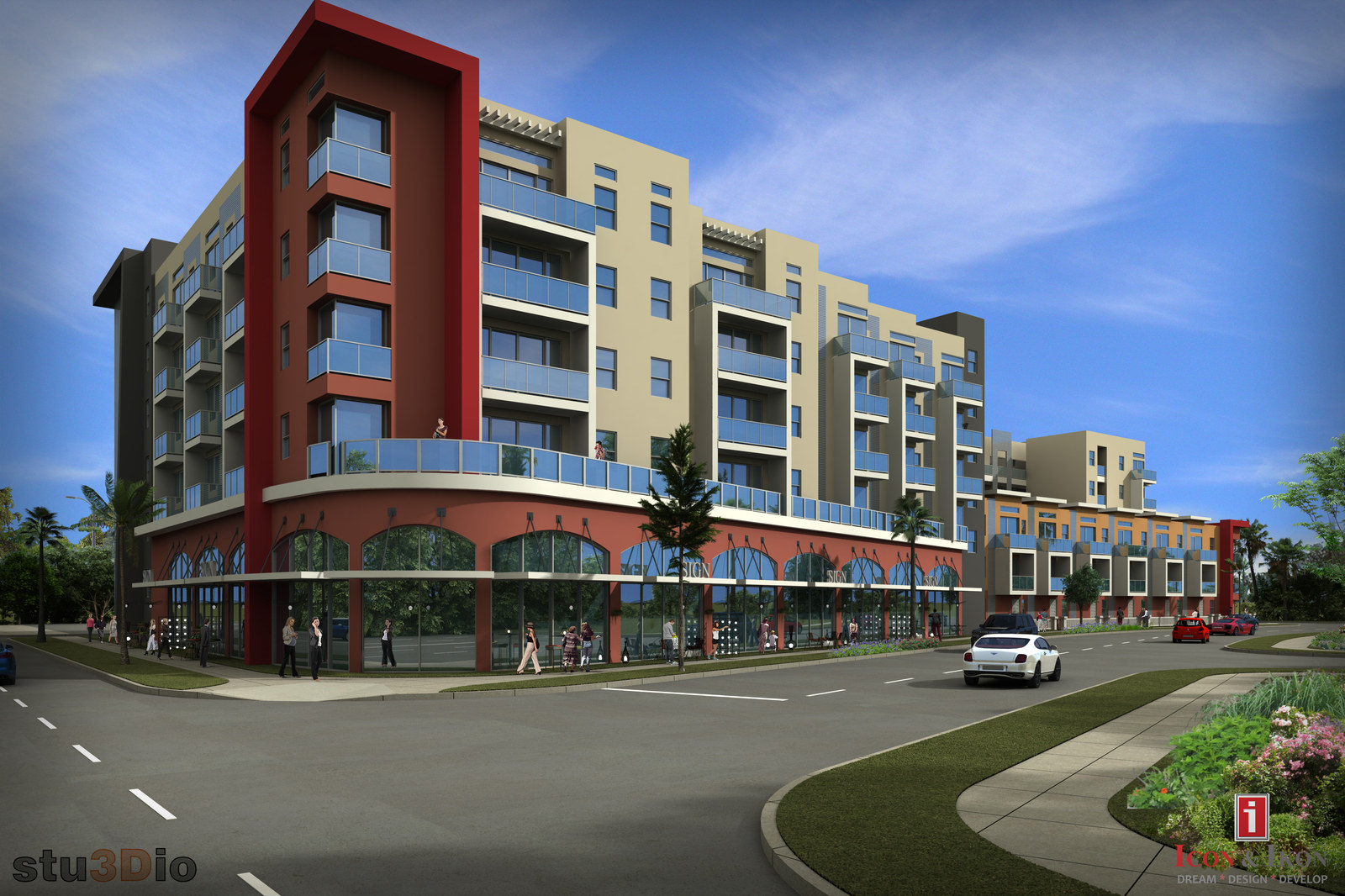 Rendering of a mixed-use building with a red corner volume, glazed shopfronts at street level and apartment balconies above.