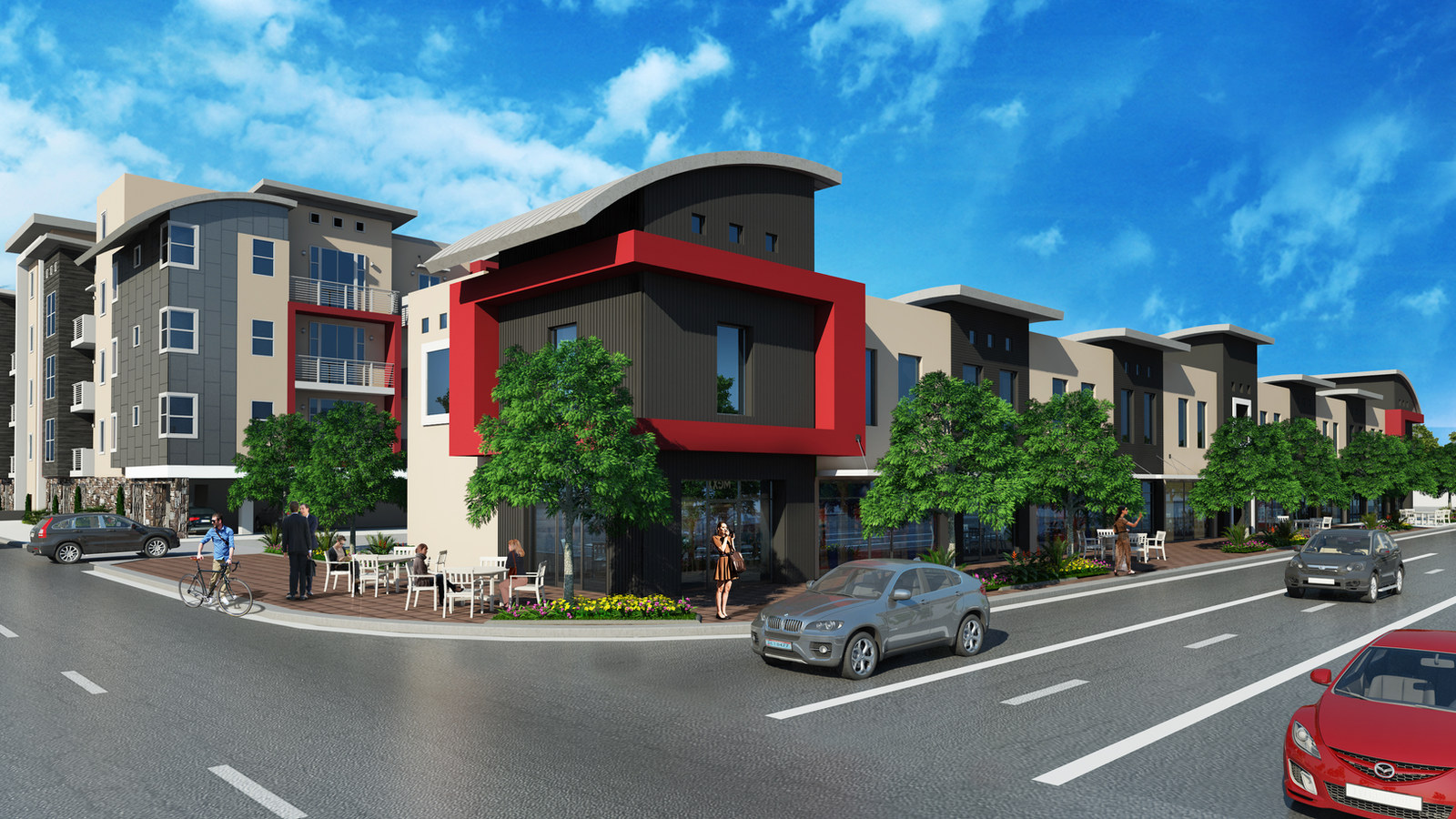Rendering of a multi-family development: a four-story apartment building beside a row of two-story units with red-framed corner volumes and a street-level cafe.
