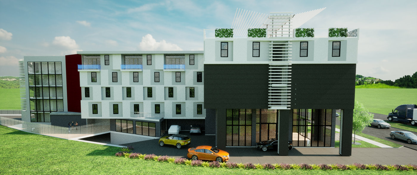 Rendering of a four-story mixed-use building with a dark glazed street block, external stair and rooftop planting, set behind a lawn.