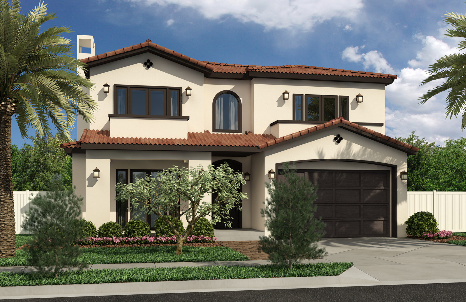 Rendering of a two-story single-family house with a tile roof, arched entry and attached garage, seen from the sidewalk.