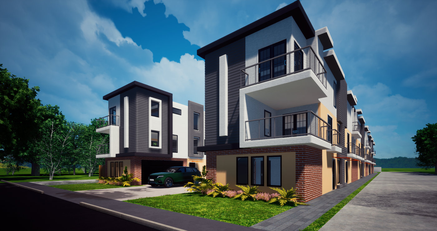Rendering of a row of three-story attached townhomes with balconies over brick bases, seen along the street.